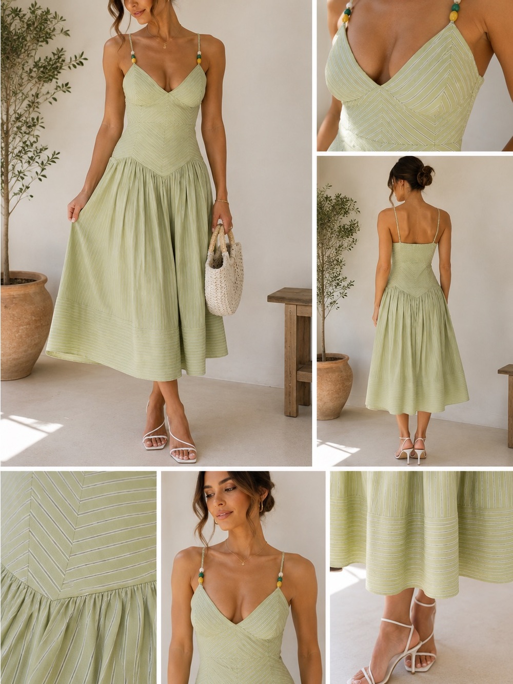 Striped Midi Dress Sage Green Size M 4-6